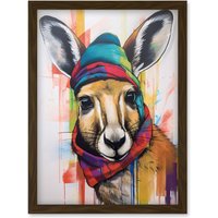 Artery8 Kangaroo Wearing Colourful Winter Hat & Scarf Artwork Framed Wall Art Print A4 in Brown