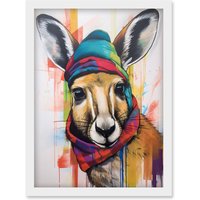 Artery8 Kangaroo Wearing Colourful Winter Hat & Scarf Artwork Framed Wall Art Print A4 in White