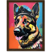 Artery8 German Shepherd Wearing Police Hat Modern Pop Art Artwork Framed Wall Art Print A4 in Brown