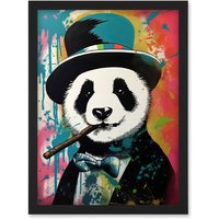 Artery8 Panda Bear Wearing Blue Top Hat Suit Smoking Cigar Artwork Framed Wall Art Print A4 in Black
