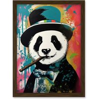 Artery8 Panda Bear Wearing Blue Top Hat Suit Smoking Cigar Artwork Framed Wall Art Print A4 in Brown