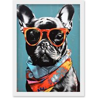 Artery8 English Bulldog Wearing Bandana & Sunglasses Artwork Framed Wall Art Print A4 in White