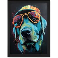 Artery8 Labrador Retriever with Sunglasses & Hat Artwork Framed Wall Art Print A4 in Black