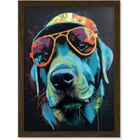 Artery8 Labrador Retriever with Sunglasses & Hat Artwork Framed Wall Art Print A4 in Brown