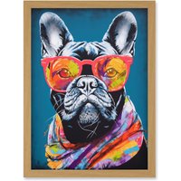 Artery8 English Bulldog with Neon Bandana & Sunglasses Artwork Framed Wall Art Print A4 in Light Oak
