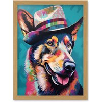 Artery8 German Shepherd with Fedora Hat Vibrant Portrait Artwork Framed Wall Art Print A4 in Light Oak