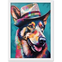 Artery8 German Shepherd with Fedora Hat Vibrant Portrait Artwork Framed Wall Art Print A4 in White