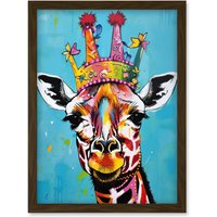 Artery8 Giraffe Wearing Princess Crown Modern Folk Art Artwork Framed Wall Art Print A4 in Brown