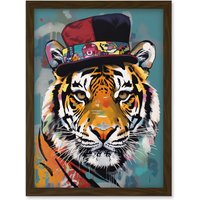 Artery8 Tiger Wearing Soft Felt Top Hat Modern Folk Art Artwork Framed Wall Art Print A4 in Brown