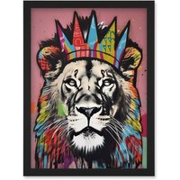 Artery8 Lion with Crown King of the Jungle Modern Pop Art Artwork Framed Wall Art Print A4 in Black