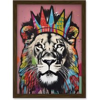 Artery8 Lion with Crown King of the Jungle Modern Pop Art Artwork Framed Wall Art Print A4 in Brown