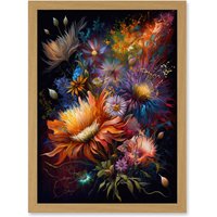 Artery8 Wildflower Bouquet Pink Blue Orange Floral Art Artwork Framed Wall Art Print A4 in Light Oak
