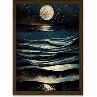 Artery8 Full Moon Rising Over Clear Night Sky Tidal Waves Artwork Framed Wall Art Print A4 in Brown