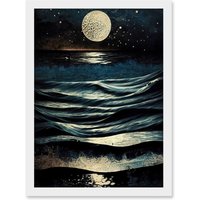 Artery8 Full Moon Rising Over Clear Night Sky Tidal Waves Artwork Framed Wall Art Print A4 in White