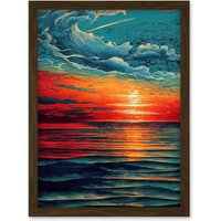 Artery8 Seascape Scarlet Sunrise Fiery Horizon Clouds Artwork Framed Wall Art Print A4 in Brown