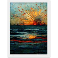 Artery8 Seascape Sunset Port City Waves Horizon Artwork Framed Wall Art Print A4 in White