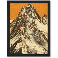 Artery8 Wall Art Print K2 Mountain Peak Summit Climbers White & Orange Large Framed Wall Dรฉcor Art in Black | Size: W18" x H24"