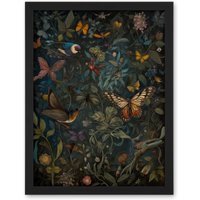Artery8 Wall Art Print William Morris Style Plants Birds & Butterflies Large Framed Wall Décor Art in White | Size: W18" x H24"