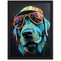 Artery8 Wall Art Print Labrador Retriever with Sunglasses & Hat Large Framed Wall Dรฉcor Art in Light Oak | Size: W18" x H24"