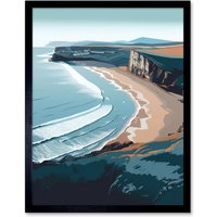 Artery8 Rhossili Bay Cliffs Over Beach Coastal Landscape 12x16" Framed Art in Blue | Size: W12" x H16"