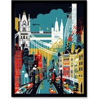 Artery8 Wall Art Print London Iconic Landmarks Modern Abstract Cityscape Art Framed in Black | Size: W12" x H16"