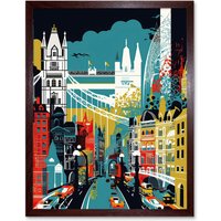 Artery8 Wall Art Print London Iconic Landmarks Modern Abstract Cityscape Art Framed in Brown | Size: W12" x H16"