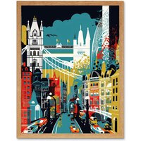 Artery8 Wall Art Print London Iconic Landmarks Modern Abstract Cityscape Art Framed in Light Oak | Size: W12" x H16"