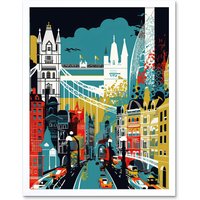 Artery8 Wall Art Print London Iconic Landmarks Modern Abstract Cityscape Art Framed in White | Size: W12" x H16"