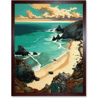 Artery8 Wall Art Print Porthcurno Sandy Beach Cliffs Coastal Landscape Art Framed in Brown | Size: W12" x H16"
