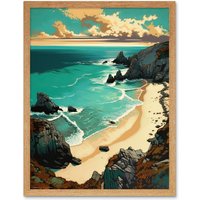 Artery8 Wall Art Print Porthcurno Sandy Beach Cliffs Coastal Landscape Art Framed in Light Oak | Size: W12" x H16"