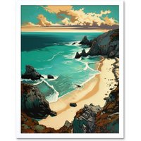 Artery8 Wall Art Print Porthcurno Sandy Beach Cliffs Coastal Landscape Art Framed in White | Size: W12" x H16"