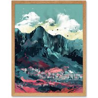 Artery8 Wall Art Print Town Below Tall Mountain Cliffs Coral & Teal Art Framed in Light Oak | Size: W12" x H16"