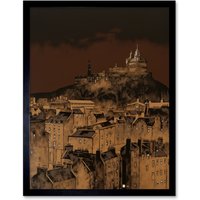 Artery8 Wall Art Print Edinburgh Castle Over Old Town Cityscape at Night Art Framed in Black | Size: W12" x H16"