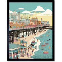 Artery8 Wall Art Print Brighton Beach Pier & Sandy Summer Scene Art Framed in Black | Size: W12" x H16"