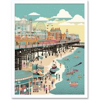Artery8 Wall Art Print Brighton Beach Pier & Sandy Summer Scene Art Framed in White | Size: W12" x H16"