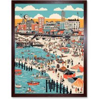 Artery8 Wall Art Print Brighton Beach Warm Summer Day Colourful Scene Art Framed in Brown | Size: W12" x H16"