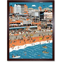 Artery8 Wall Art Print Brighton Beach & Palace Pier Modern Abstract Art Framed in Brown | Size: W12" x H16"
