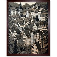 Artery8 Wall Art Print Black Forest City Baden Monochrome Cityscape Art Framed in Brown | Size: W12" x H16"
