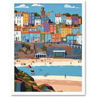 Artery8 Wall Art Print Tenby Castle Beach in Wales Colourful Townscape Art Framed in White | Size: W12" x H16"