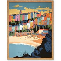 Artery8 Wall Art Print Tenby Castle Beach Coastal Town Summer in Wales Art Framed in Light Oak | Size: W12" x H16"