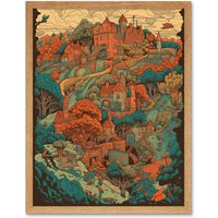 Artery8 Wall Art Print Village in Forest Coral & Teal Blue Art Framed in Light Oak | Size: W12" x H16"