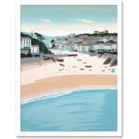 Artery8 Wall Art Print St Ives Bay Summer Pastel Colour Coastal Cityscape Art Framed in White | Size: W12" x H16"