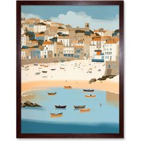 Artery8 Wall Art Print Small Boats in St Ives Bay Coastal Cityscape Art Framed in Brown | Size: W12" x H16"