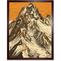 Artery8 Wall Art Print K2 Mountain Peak Summit Climbers White & Orange Art Framed in Brown | Size: W12" x H16"