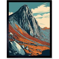 Artery8 Wall Art Print Tryfan Mountain Peak Landscape Teal Brown Linocut Art Framed in Black | Size: W12" x H16"