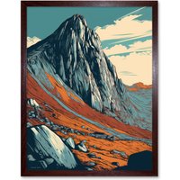 Artery8 Wall Art Print Tryfan Mountain Peak Landscape Teal Brown Linocut Art Framed | Size: W12" x H16"