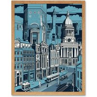 Artery8 Wall Art Print Belfast Cityscape City Centre Hall Linocut Style Art Framed in Light Oak | Size: W12" x H16"