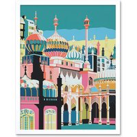 Artery8 Wall Art Print Brighton Royal Pavilion Multicoloured Architecture Art Framed in White | Size: W12" x H16"