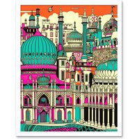 Artery8 Wall Art Print Brighton Royal Pavilion Palace Vibrant Detailed Art Framed in White | Size: W12" x H16"