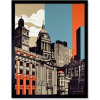Artery8 Wall Art Print Leeds Modern Colour Block Cityscape Art Framed in Black | Size: W12" x H16"
